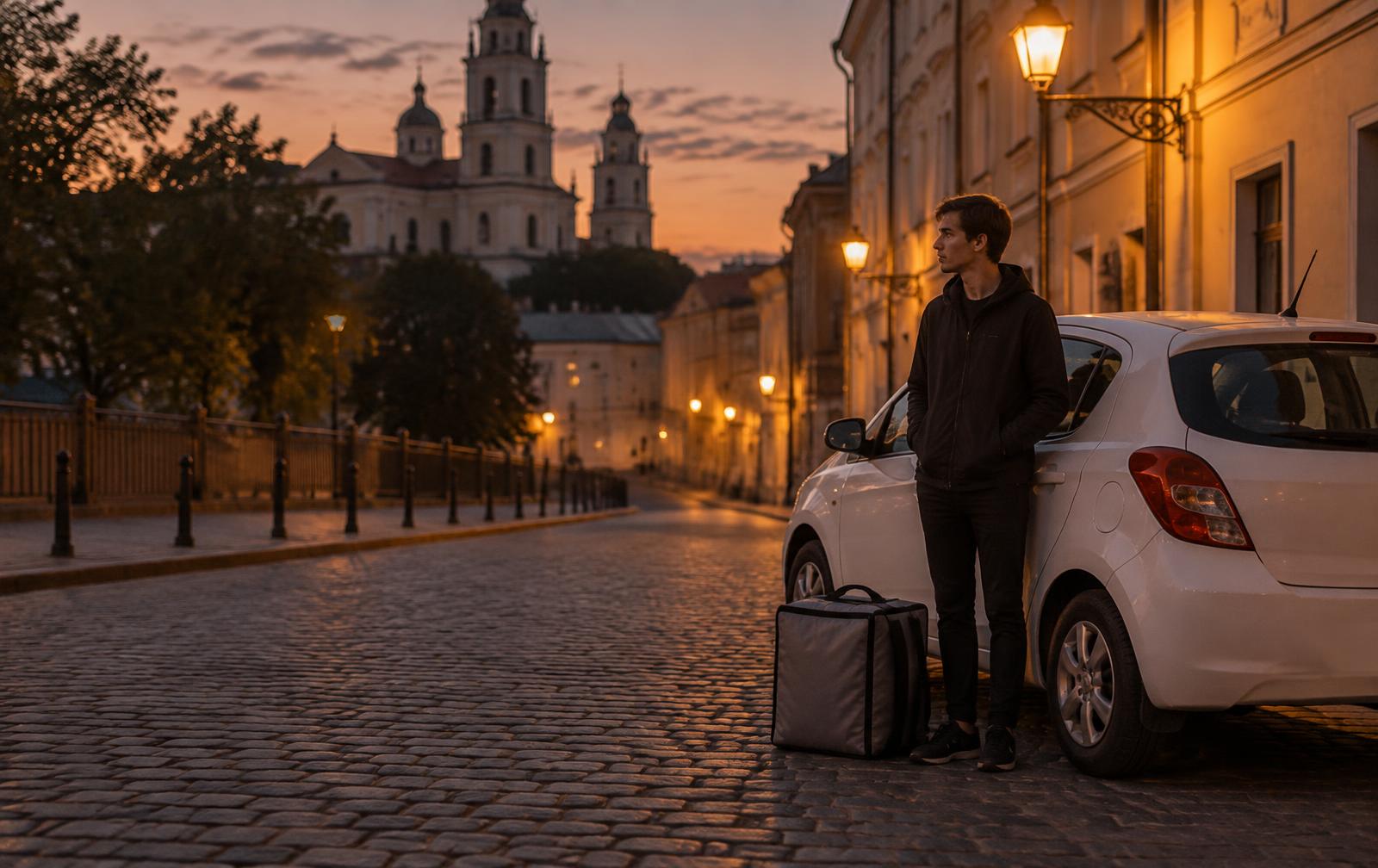 Courier next to a rental car in Vilnius at dusk